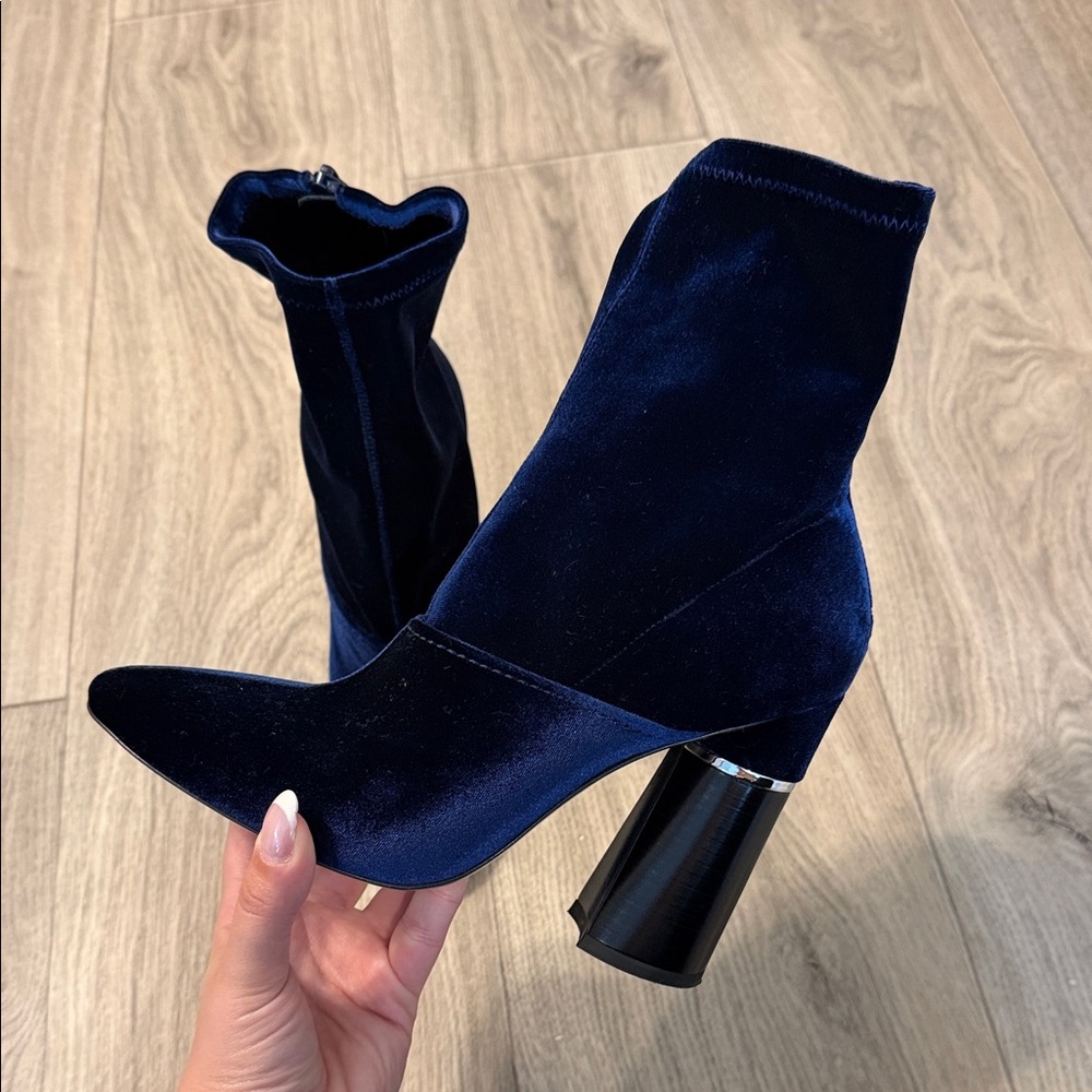 3.1 Phillip Lim Navy Velvet Block Heel Ankle Boots